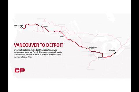 Canadian Pacific has launched seven-days-per-week direct service between Vancouver and Detroit via Portal, North Dakota.